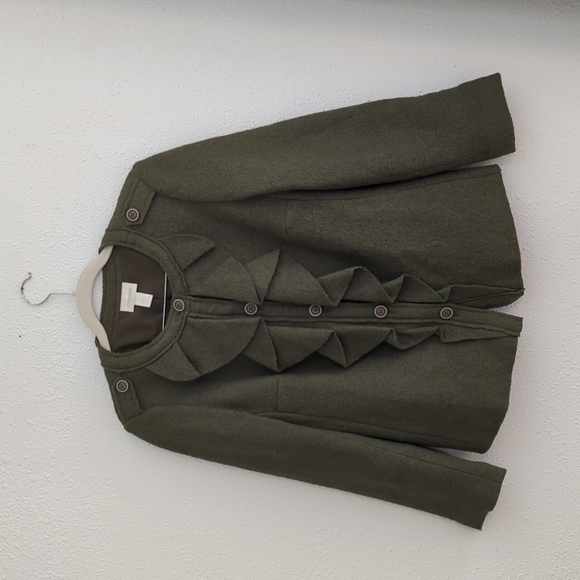 Chico's Military Army Green Ruffled Front Wool Blend Lined Jacket Blazer y2k - Picture 3 of 13